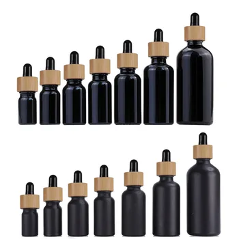 10X Zwart Glazen Pipet Flessen Bamboe Hout Essentiële Oliën 5ml tot 100 ml Matte Oog laten Vallen Druppelaar Fles Draagbare Navulbare Reizen