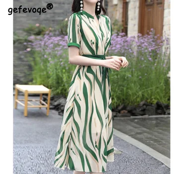 Elegante Mode Casual Gestreepte Print Riem Jurken Zomer Herfst 2023 Korte Mouwen en een V-Hals Losse Tuniek Midi Dress Kleding van Vrouwen