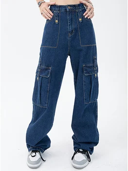 Hoge Taille Blauwe Dames Loose Jeans 2022 Streetwear Fashion Y2K Zakken Rechte pijp Denim Broek Retro Moeder Jeans Cargo Broek