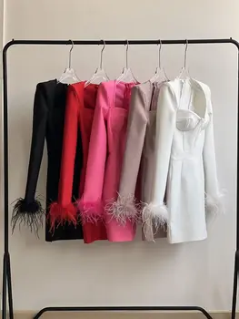 JUNI LIPPEN 2023 Nieuwe Women ' s 6 Kleuren Zwart Wit Rood Roze Blauw Stoffige Roze Veren Bandage Dress Party-Avond Jurken Groothandel