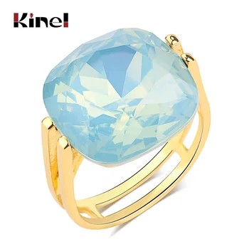 Kinel 2020 Fashion Square Blue Opal Steen trouwringen Voor Vrouwen Kleur: Goud CZ Zirkonia Ring Vrouw OL Vintage Sieraden